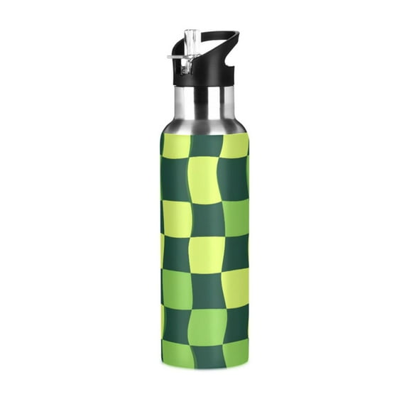 ALAZA Green Checkered Pattern Water Bottle Insulated Flask Stainless Steel Straw Lid 20 oz