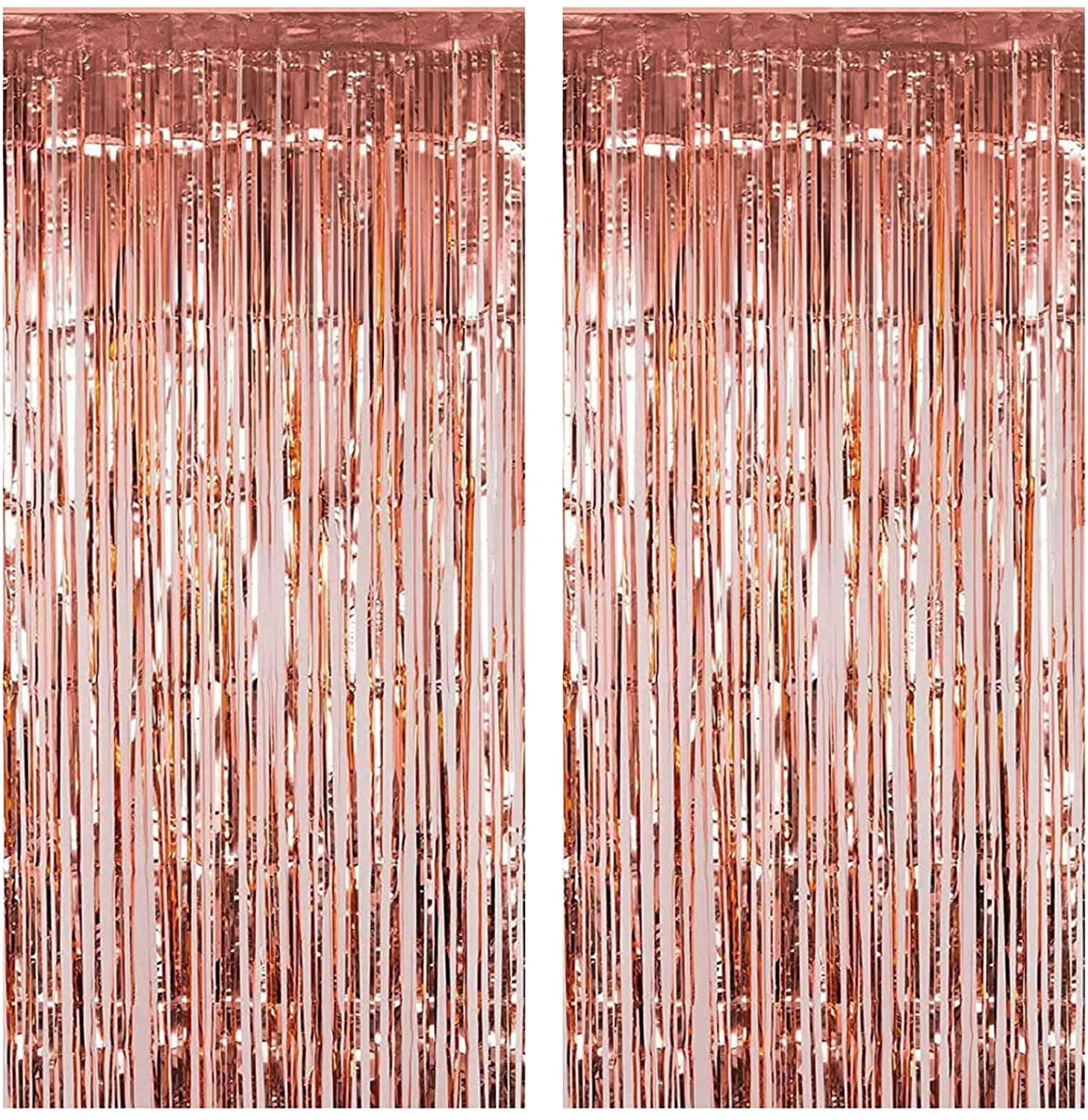 FECEDY 2pcs 3ft x 8.3ft Rose Gold Metallic Tinsel Foil Fringe Curtains Photo Booth Props for Birthday Wedding Engagement Bridal Shower Baby Shower Bachelorette Holiday Celebration Party De
