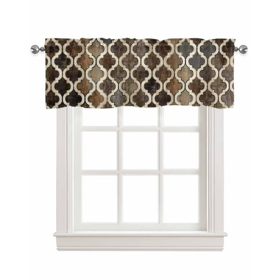 Brown Moroccan Linen Curtain Valance for Bedroom/Bathroom/Kitchen/Living/Dining Room Window,Geometric Trellis Modern Rustic Chic Plaid Pocket Topper Drapes Decorative Cafe Drapery Panel 42"x12"