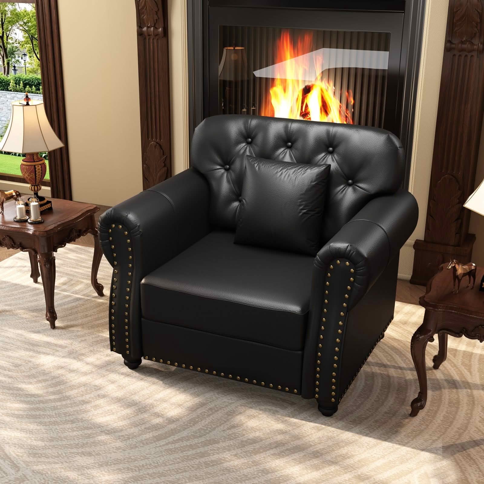 MAYEERTY 41.3" Upholstered Faux Leather Single Sofa with Ottoman, Mid‑Century Modern Chesterfield Accent Sofa with Button Tufted, Nailhead Trim & Rolled Armrests, Includes 1 Pillow