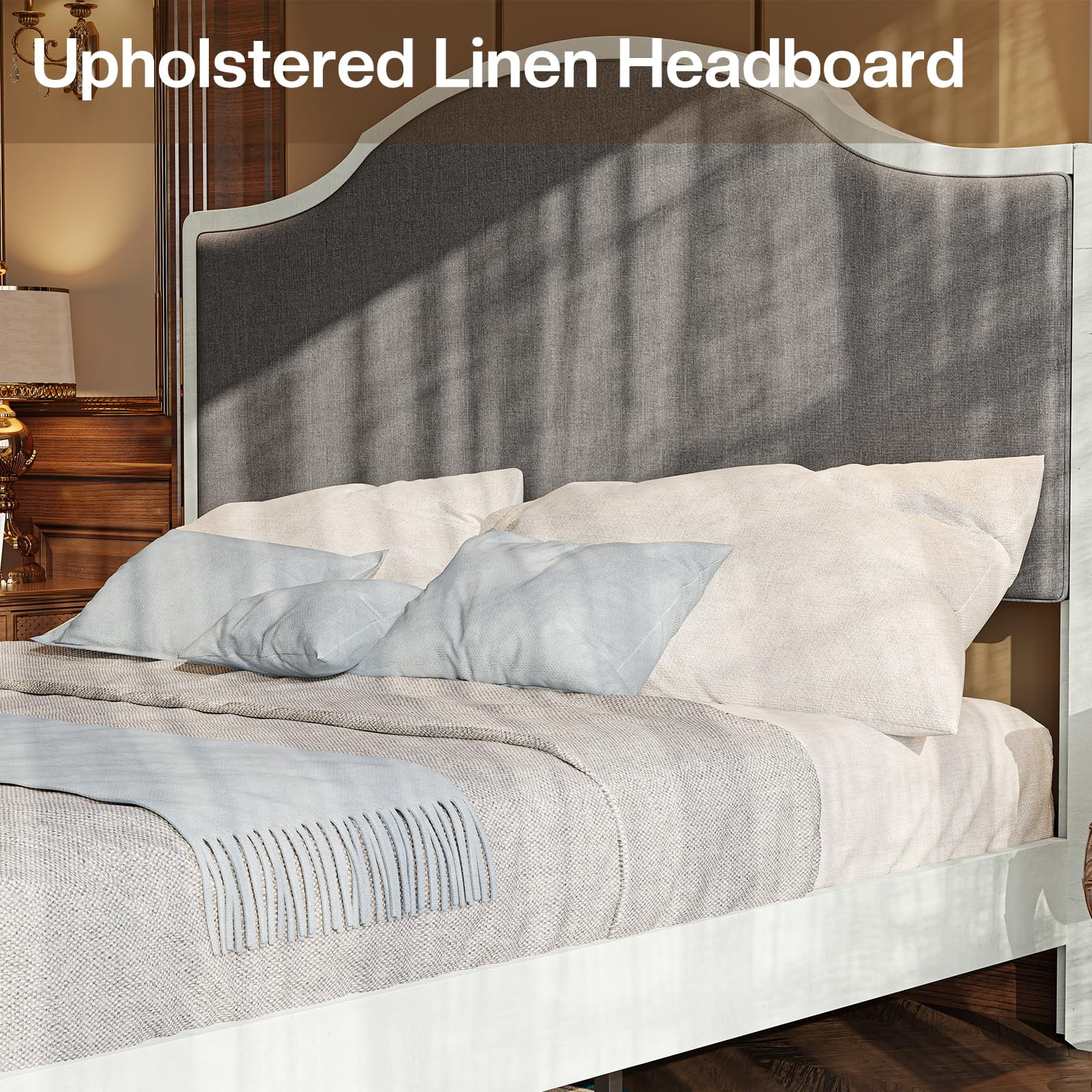 Merluxy Wooden Platform Bed Frame King with Upholstered Headboard Solid Wood Bed, No Box Spring Needed, White