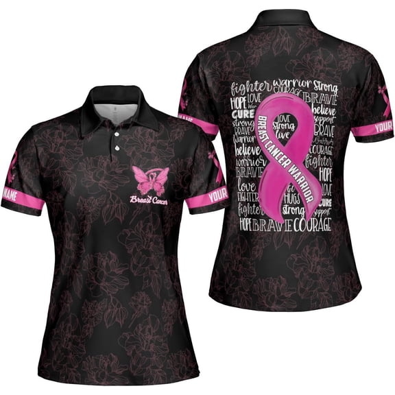 Personalized Breast Cancer 3D Polo Shirt, Pink Ribbon Awareness Polo, Survivor Pride Shirt Breast Cancer Tshirt (S)