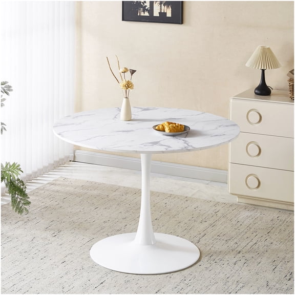 CHAMPFLAG Mid Century Modern Round Dining Table, White Tulip Pedestal Table for Small Space, 42 Inch MDF Top Easy Clean Kitchen Table