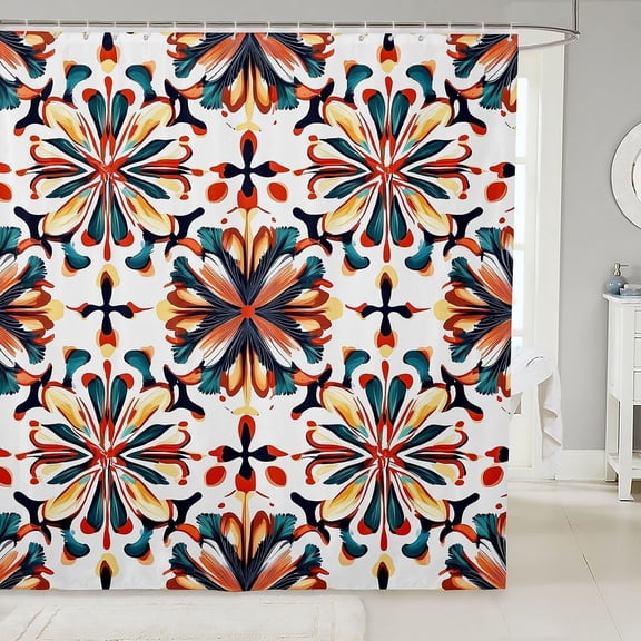 Boho Floral Shower Curtain For Bathroom Geometric Bohemian Fabric Bath Curtains Set with Hooks Waterproof 71x71 inches