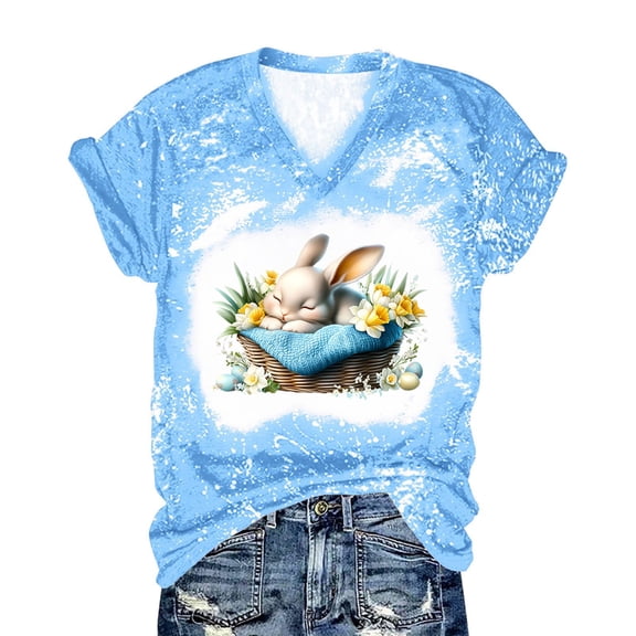 Odbmxy V-Neck Womens Plus Size T Shirts Easter Short Sleeve Tops for Women Vacation Casual Funny Graphic Regular Tops