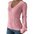 thumbnail image 3 of Women Long Sleeve Cable Knit Sweater Fashion V Neck Fitted Pullover Top Business Casual Fall Outfits Pink M, 3 of 7