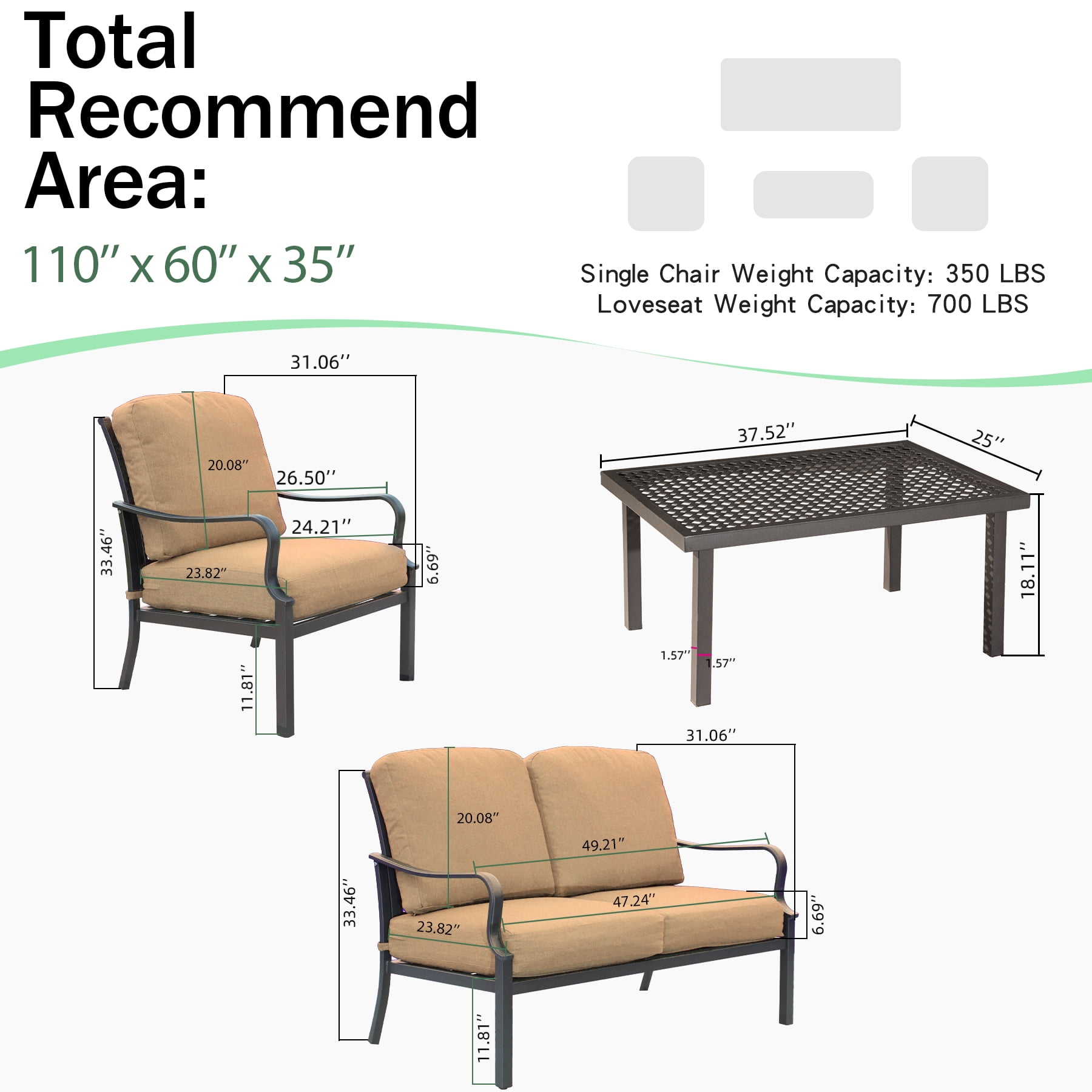 Domi Patio Conversation Set of 4, Cushioned Outdoor Furniture Sets with All Weather Galvanized Steel Frame (Spring Coil Seat Cushion) -Beige