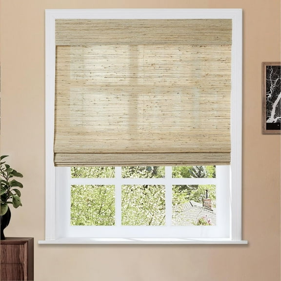 EnjinZZ Natural Cordless Ramie Roman Shade No Drill Customized Roman Blind Light Filtering Blackout Roman Window Shade for Windows, Beige, 1 Piece