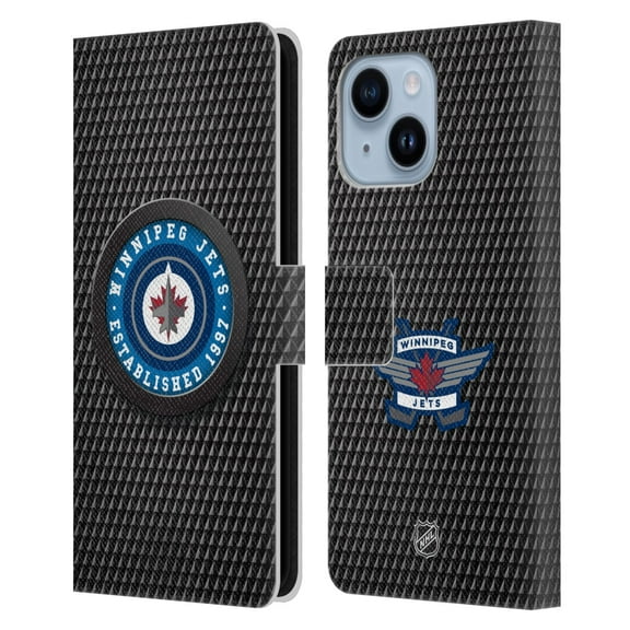 Head Case Designs Officially Licensed NHL Winnipeg Jets Puck Texture Leather Book Wallet Case Cover Compatible with Apple iPhone 14 Plus