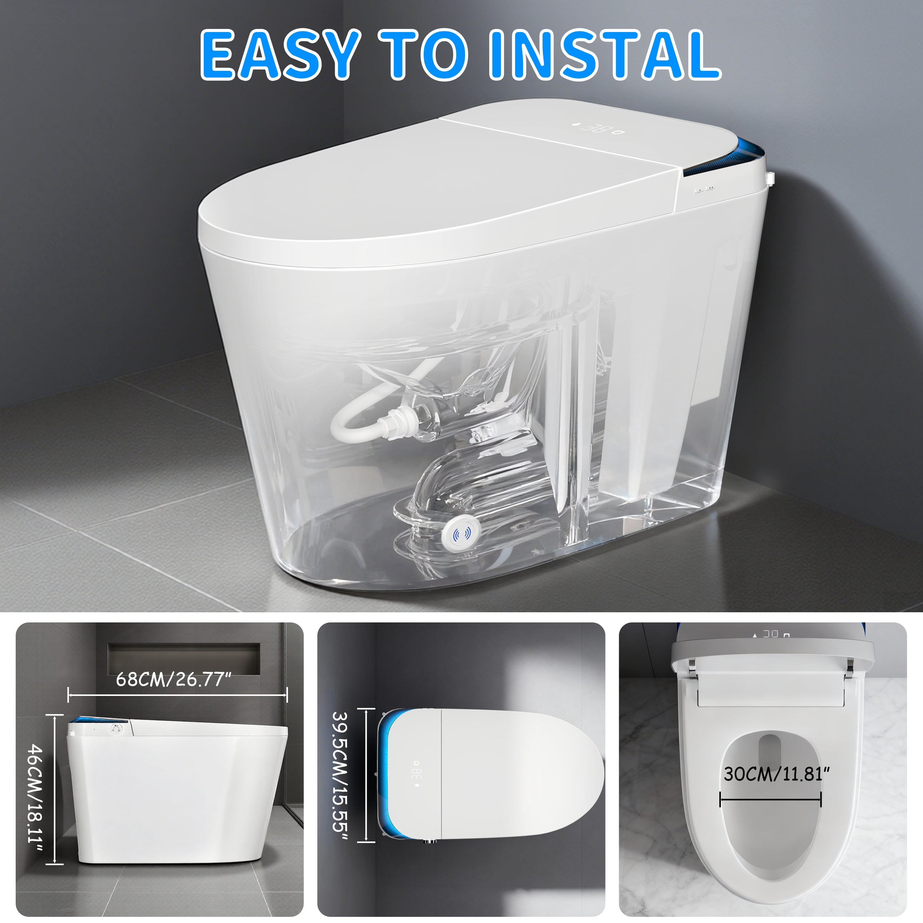 Smart Toilet with Radar Auto Lid, Foot Sensor Control, Heated Seat & Foam Shield - LED Display, Dual Flush & Energy-Saving Mode