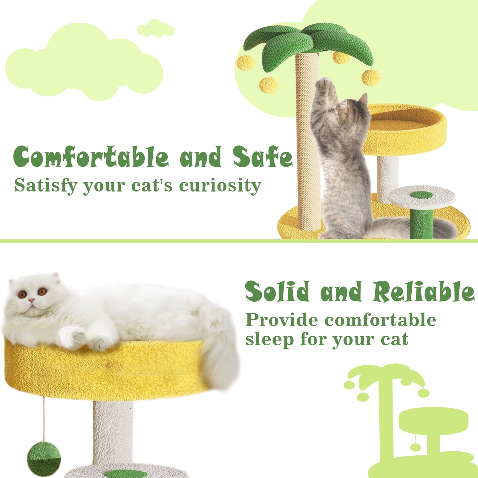 VIVBOO Cat Tree 27.6 inch Tower for Indoor Cats Yellow Green Coconut Cat Scratching Post.