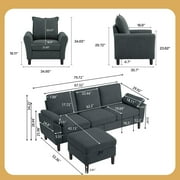Pingliang Home Living Room Sectional Sofa with Storage Ottoman and Accent Chair,Single Chair Armchair and 3 Seat L Shaped Couch with Side Pockets for Home Apartment Office Studio