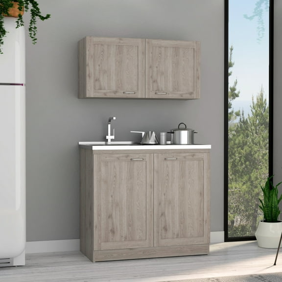 Cabinet In Gray Sparkle, Two Shelf Patterns, Stainless Steel Sink Counter, 30.8"h X 39.3"w 20.4"d Base Cabinet, 19.2"h 12.6"d Wall With Configurations. Counter Sink. Cabinet: 30.8" H 39.3" W 20.4"