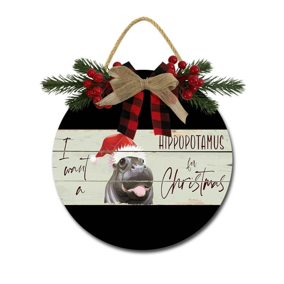 I Want A Hippopotamus For Christmas Sign Farmhouse Wood Sign Front Porch Decor Rustic Wooden Sign Wall Decor Hanging Wooden Decorations with Bow-Knot for Home Porch Wall Door, 11 x 11 inch