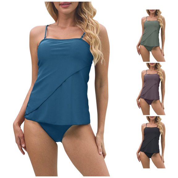 VNKIDY Women Adjustable Spaghetti Strap Square Neck Layered Tankini Top High Cut Brief Bottom Stretch Loose Fit Two Piece Tankini Swimwear Trendy Swimwear S
