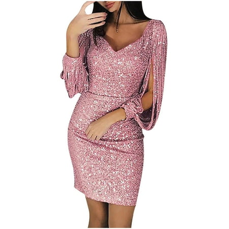 Ersazi Spring Dresses for Women 2024 in Clearance Women Sexy Solid Sequined Stitching Shining Club Sheath Long Sleeved Mini Dress Pink 5Xl
