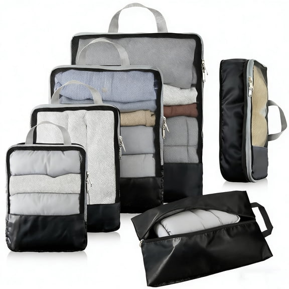 6 Set Expandable Compression Packing Cubes for Suitcases,  Compression Packing Cubes with Portable Handle, Breathable Mesh, Double Zippers