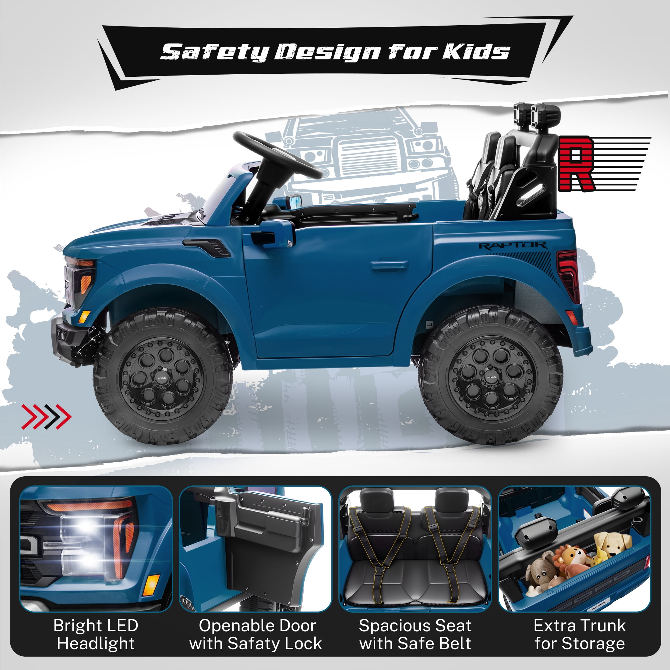 Ford F150 Raptor 2 Seater Ride on Toy Trucks for Kids, 24V Powered 2 Seat Ride on Cars with Remote Control/4 Wheelers/LED/Bluetooth/ Truck Bed Storage/Soft Start, Kids Electric Cars for Boys Girls