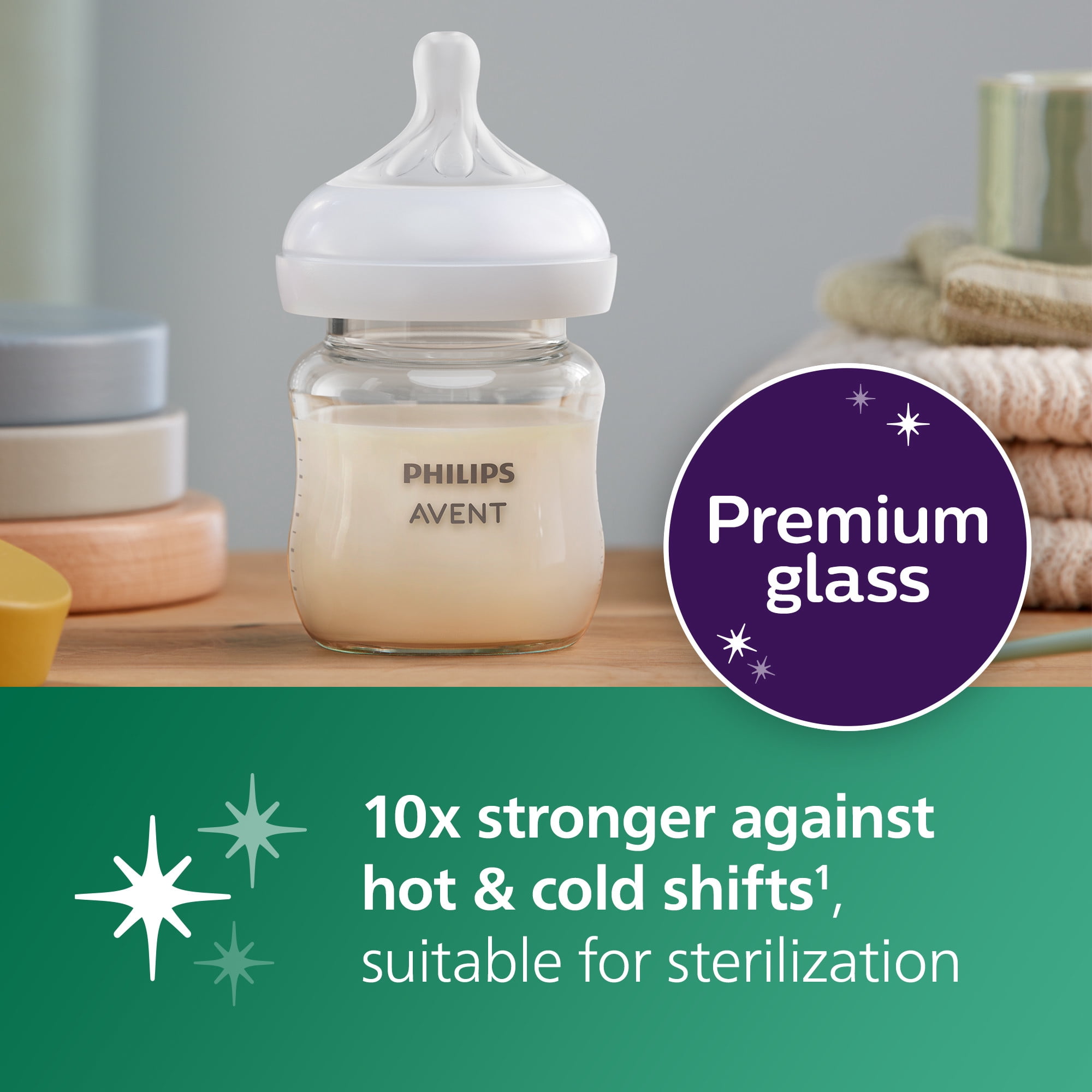 Philips Avent Natural Glass Baby Bottles with Natural Response Nipples (Slow Flow, Flow 2), 4oz, 3-Pack, SCY914/03