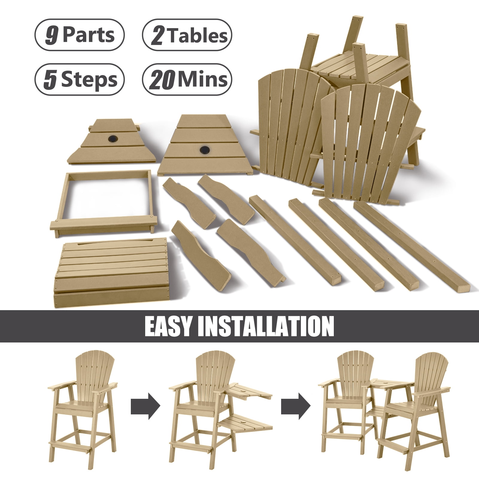 Tall Adirondack Chairs Set of 2，Outdoor Adirondack Barstools with Double Connecting Tray Patio Stools Weather Resistant for Outdoor Deck Lawn Pool Backyard, Brown
