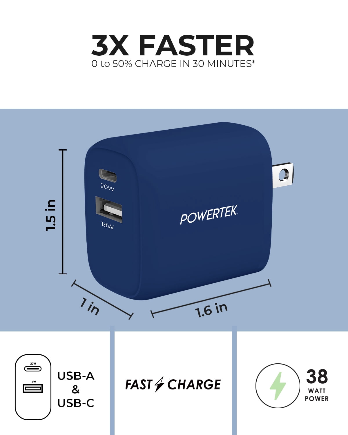 Liquipel Powertek 20W PD USBC and 18W USBA Dual Port Wall Block Charger, Type C Fast Charging Cube, Wall Power Adapter Plug, Two Tone Blue