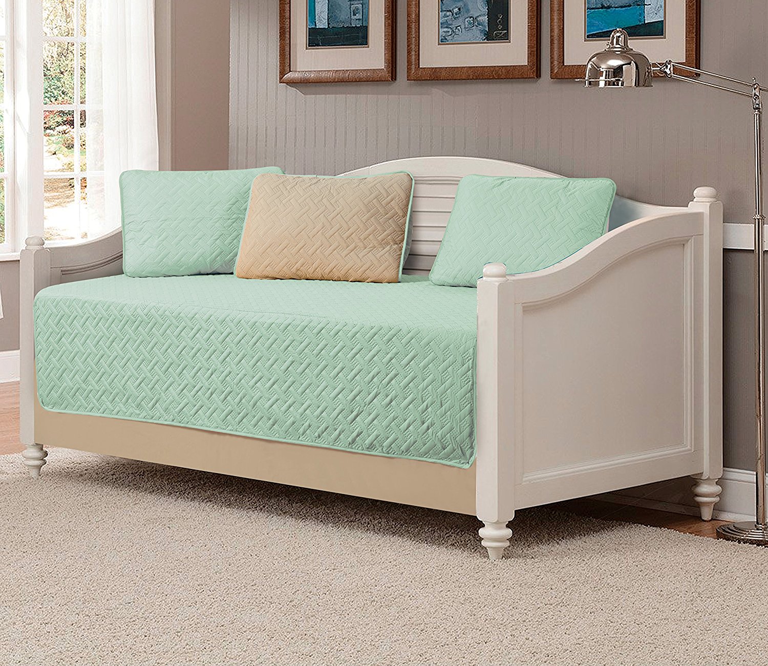 Fancy Linen 5pc Modern Bedspread DayBed Solid Embossed Sage/Beige New