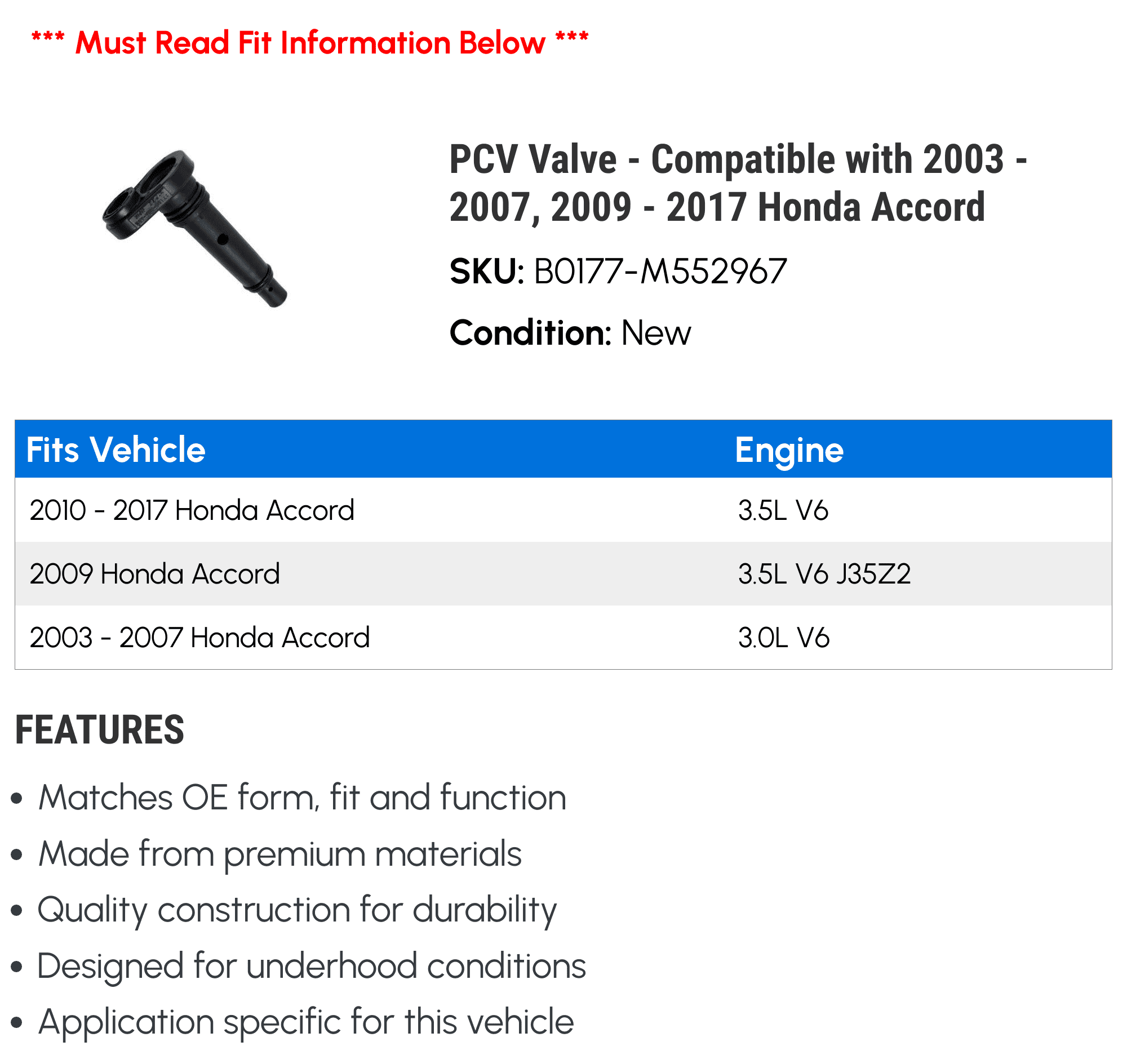 PCV Valve - Compatible with 2003 - 2007, 2009 - 2017 Honda Accord 2004 2005 2006 2010 2011 2012 2013 2014 2015 2016
