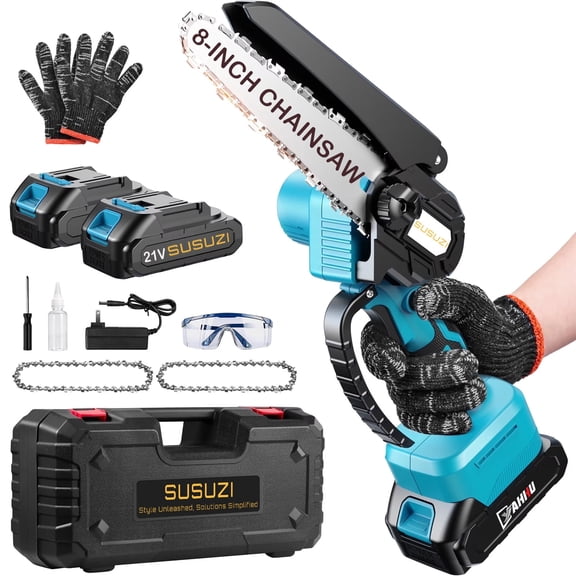 SUSUZI 8-Inch Cordless Chainsaw with 2 Batteries, Brushless Mini Handheld Chainsaw for Tree Trimming Wood Cutting Gardening, Electric Battery Chainsaw with Safety Lock & Goggles