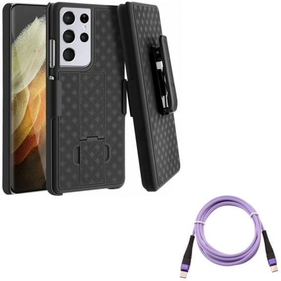 Purple 10ft PD Cable w Case Belt Clip for Samsung Galaxy S21 Ultra - Type-C to USB-C Fast Charger Cord Extra Long, Holster Swivel Cover