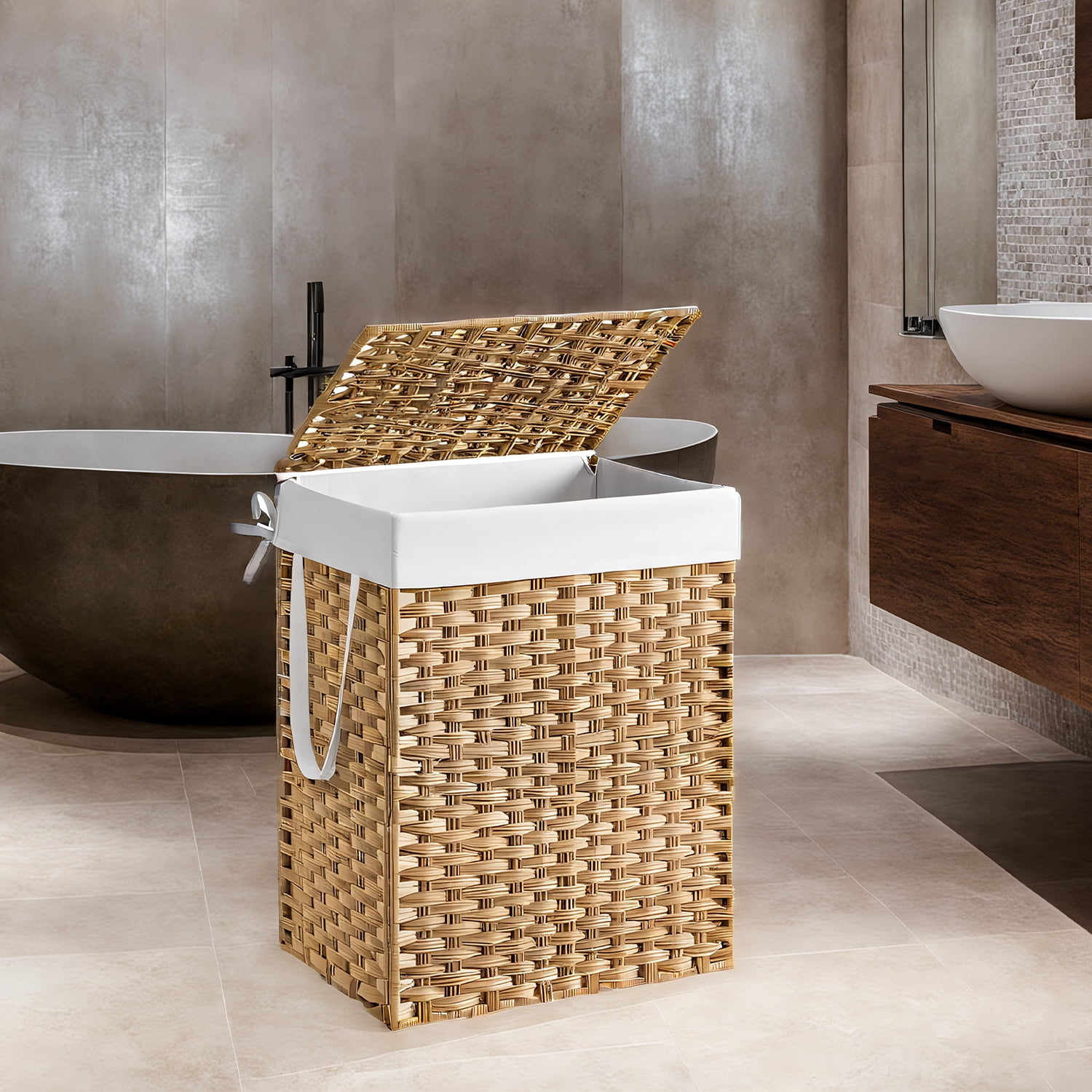 LEDREM Foldable Laundry Hamper with Removable Liner & Lid – 23.8 Gallon (90L) Synthetic Rattan Basket, Handles for Easy Carry, Space-Saving Design, Fits Bathroom，Bedroom, Goose Yellow