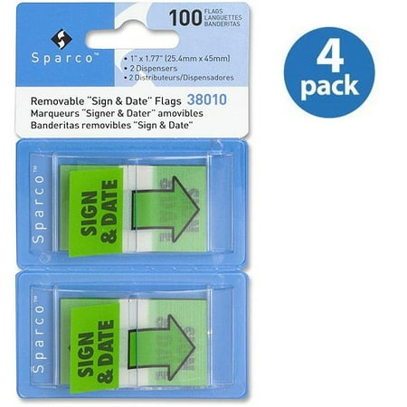 (4 pack) (4 Pack) Sparco, SPR38010, "Sign & Date" Preprinted Flags in Dispenser, 100 / Pack, Green