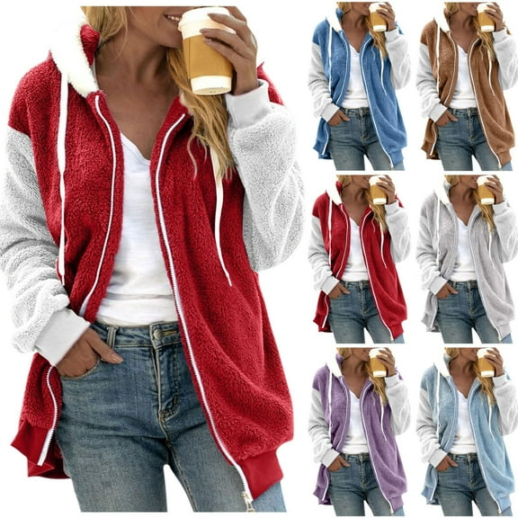 Qwertyu Winter Coats for Women, Women Plus Size Winter Warm Loose Plush Zip Hooded Jacket Coat Shacket Jacket for Fall Sky Blue 5XL