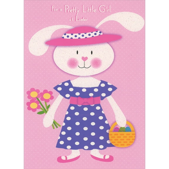 Designer Greetings Pretty Little Girl: Rabbit Wearing Pink Hat and Polka Dot Dress Juvenile Easter Card for Girl