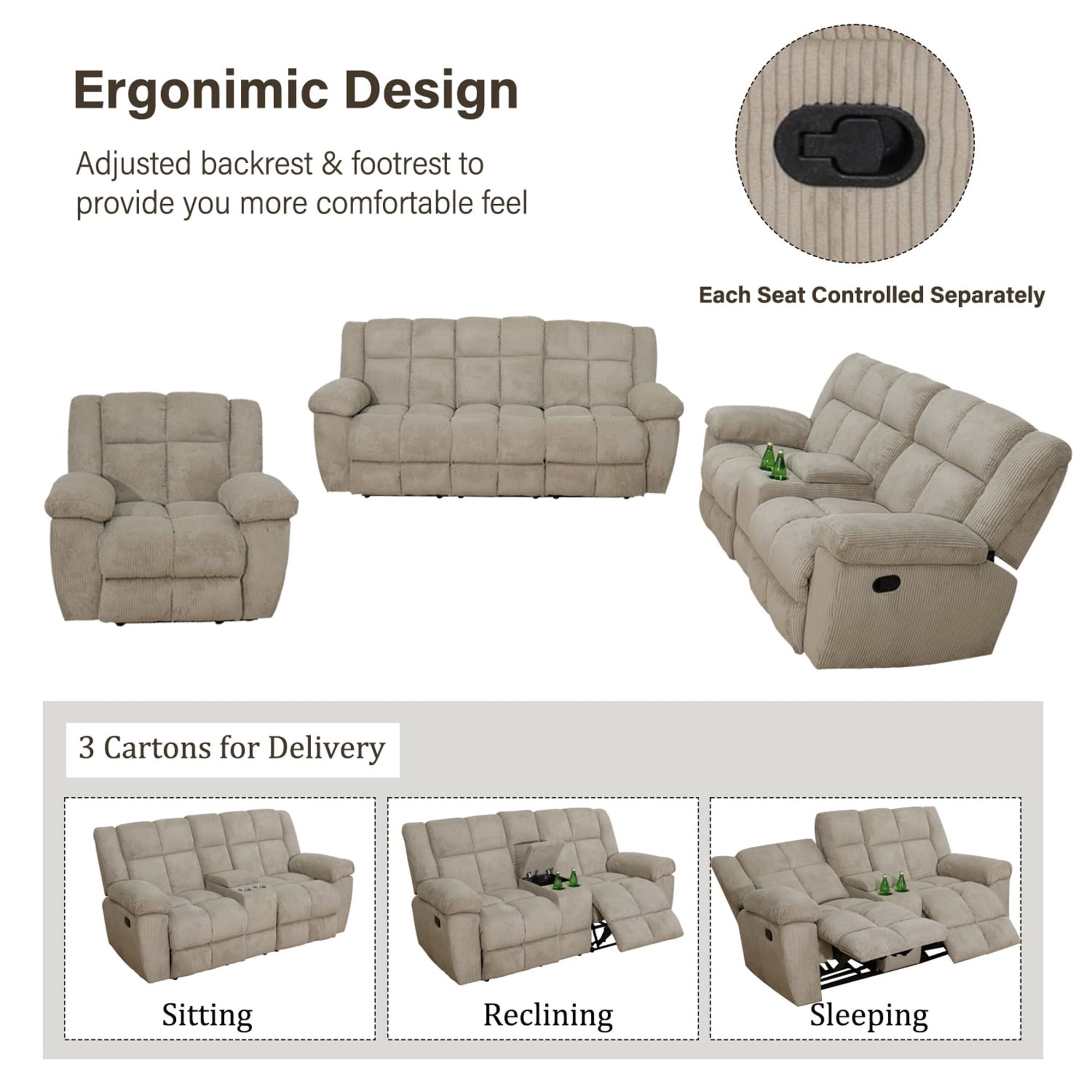 Aukfa 3-Piece Recliner Sofa Set, Oversized Armchair+Loveseat +3 Seat Sofa, 2 Cup Holders&Storage Console, Corduroy, Beige