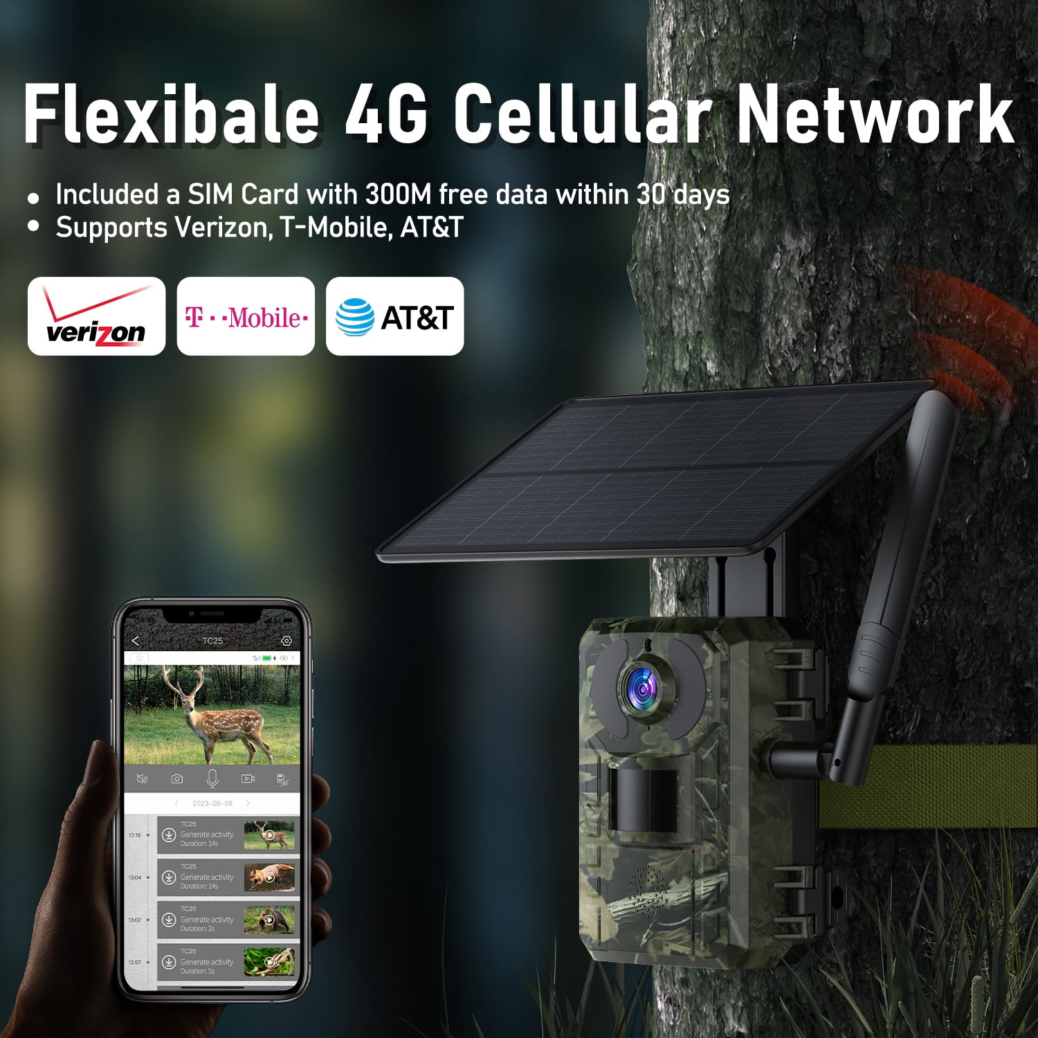 CAMPARK Trail Camera with 4G Cellular Solar, 2.5K 14MP Hunting Game Camera with Live View and Motion Alerts, 940nm No Glow Night Vision and IP66 Waterproof for Wildlife Monitoring
