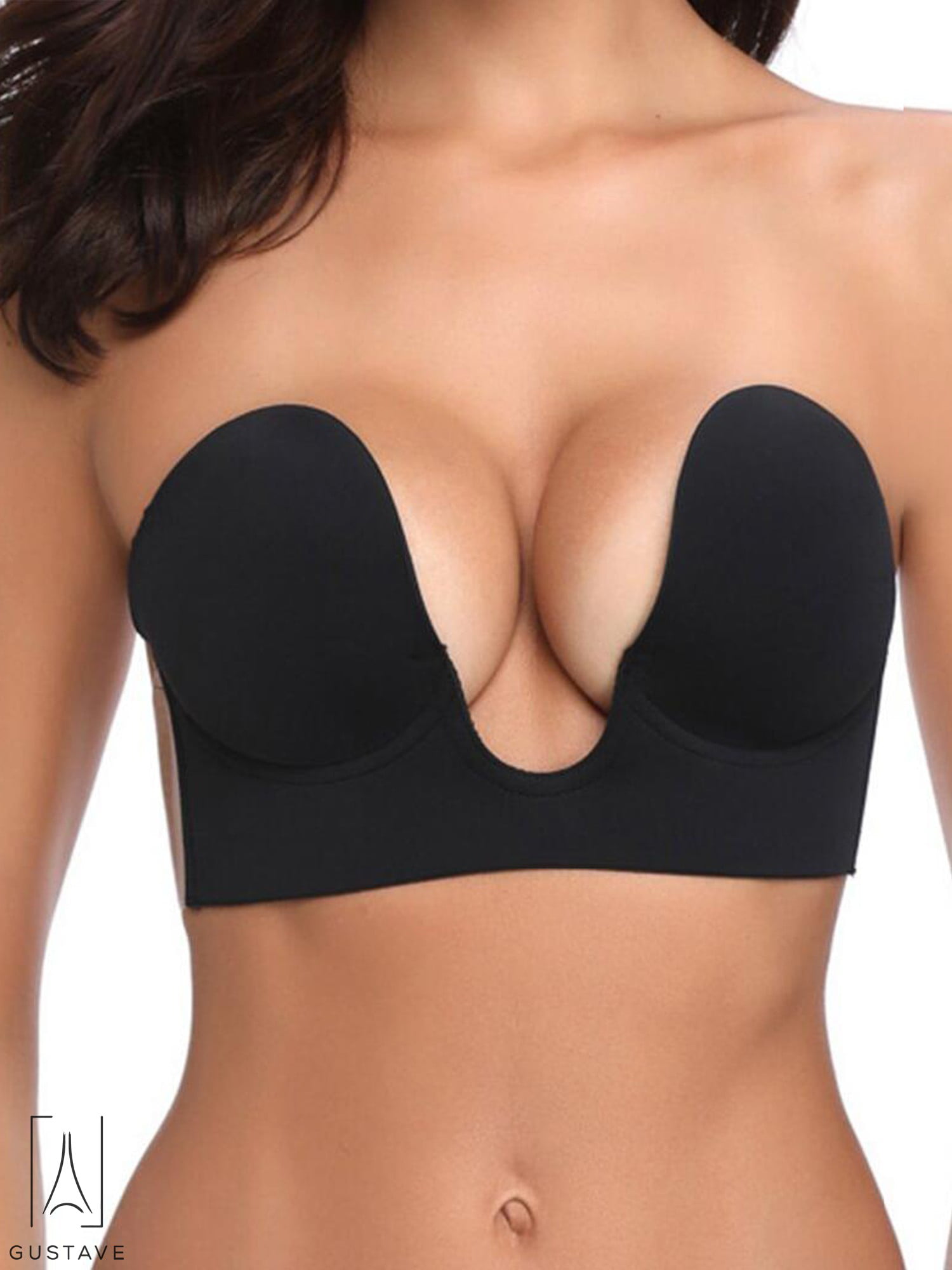 Gustave Invisible Bras for Women Push Up Strapless Self Adhesive Deep U  Plunge Bra Silicone Backless underwear Black, Cup C 