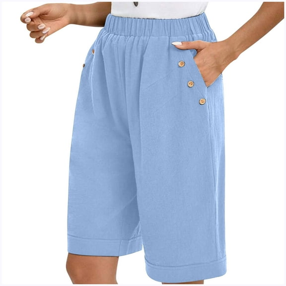Ashirexll Shorts for Women, Solid Color Knee-Length Cotton and Linen Summer Elastic Waist Casual Comfortable Straight Leg Shorts Blue XL