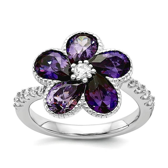 15.4mm 925 Sterling Silver Rhodium Plated Purple and White Brilliant-cut CZ Flower Ring Size 8 Ring for Women