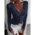 thumbnail image 6 of Womens Cardigan Sweaters Lace Ruffle Trim V Neck Long Sleeve Button Front Ribbed Knit Cute Fitted Crop Tops Navy Blue M, 6 of 9