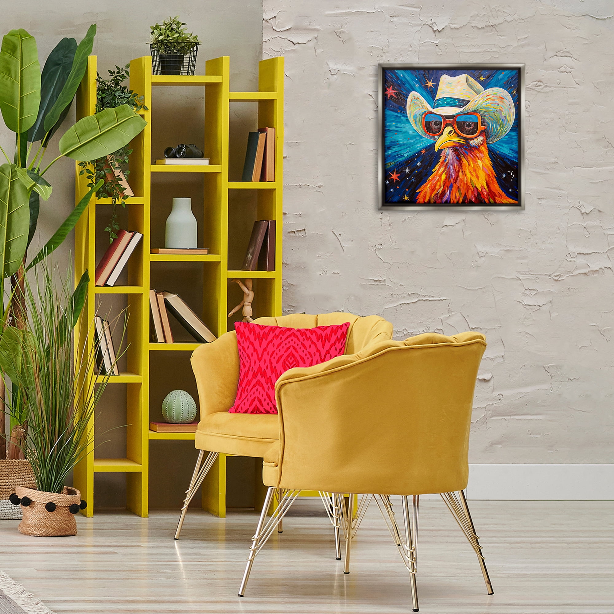 Stupell Industries Cowboy Chicken with Stars Animals & Insects Painting Gray Floater Framed Canvas Art Print Wall Art, 18 x 18