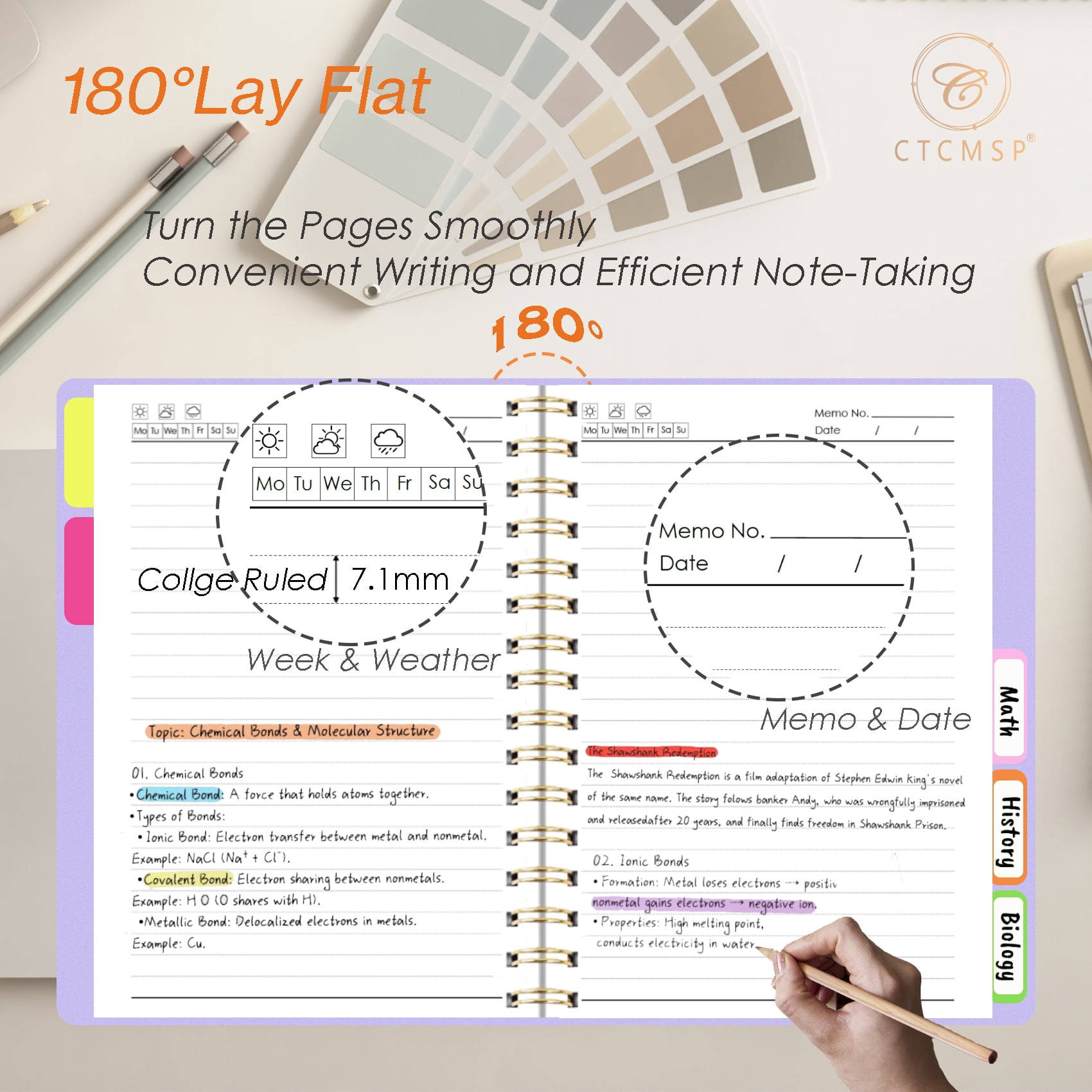 5 Subject Spiral Notebook with Removable Dividers Tabs Hardcover Notebook Journal for Women Men,Perfect for Academic Supplies,College Ruled,300 Pages
