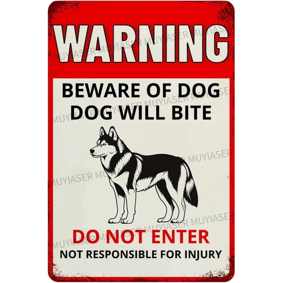 Warning Beware Of Dog Sign Dog Will Bite Husky Aluminum Metal Tin Signs Outdoor Yard Sign Warning Sign For Fence Yard Home Kitchen Farm Garden Wall Decor 8x12 Inch