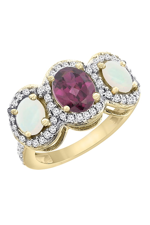 14K Yellow Gold Natural Rhodolite & Opal 3-Stone Ring Oval Diamond Accent, size 9