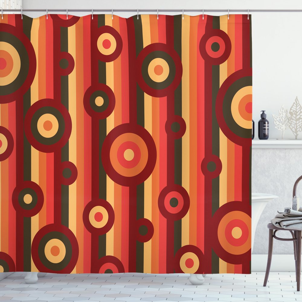 Retro Shower Curtain, Colorful Abstract Funky Pattern Circles and Dots