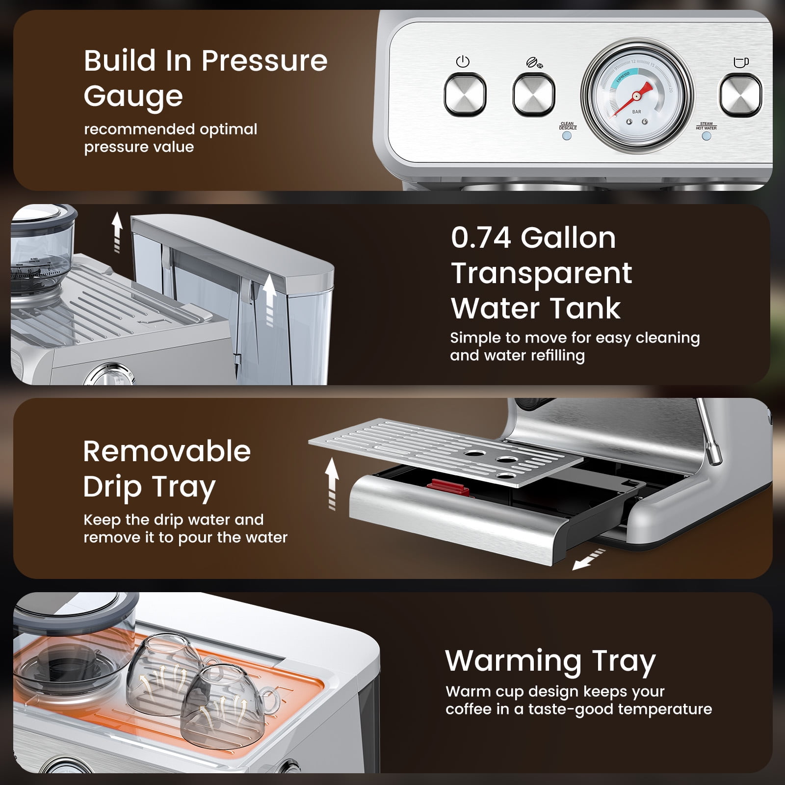 Espresso Machine,15 Bar Professional Espresso Maker with Coffee Bean Grinder Milk Frother,Coffee Machine for Espresso/Cappuccino/Latte,Single & Double Cup,Stainless Steel