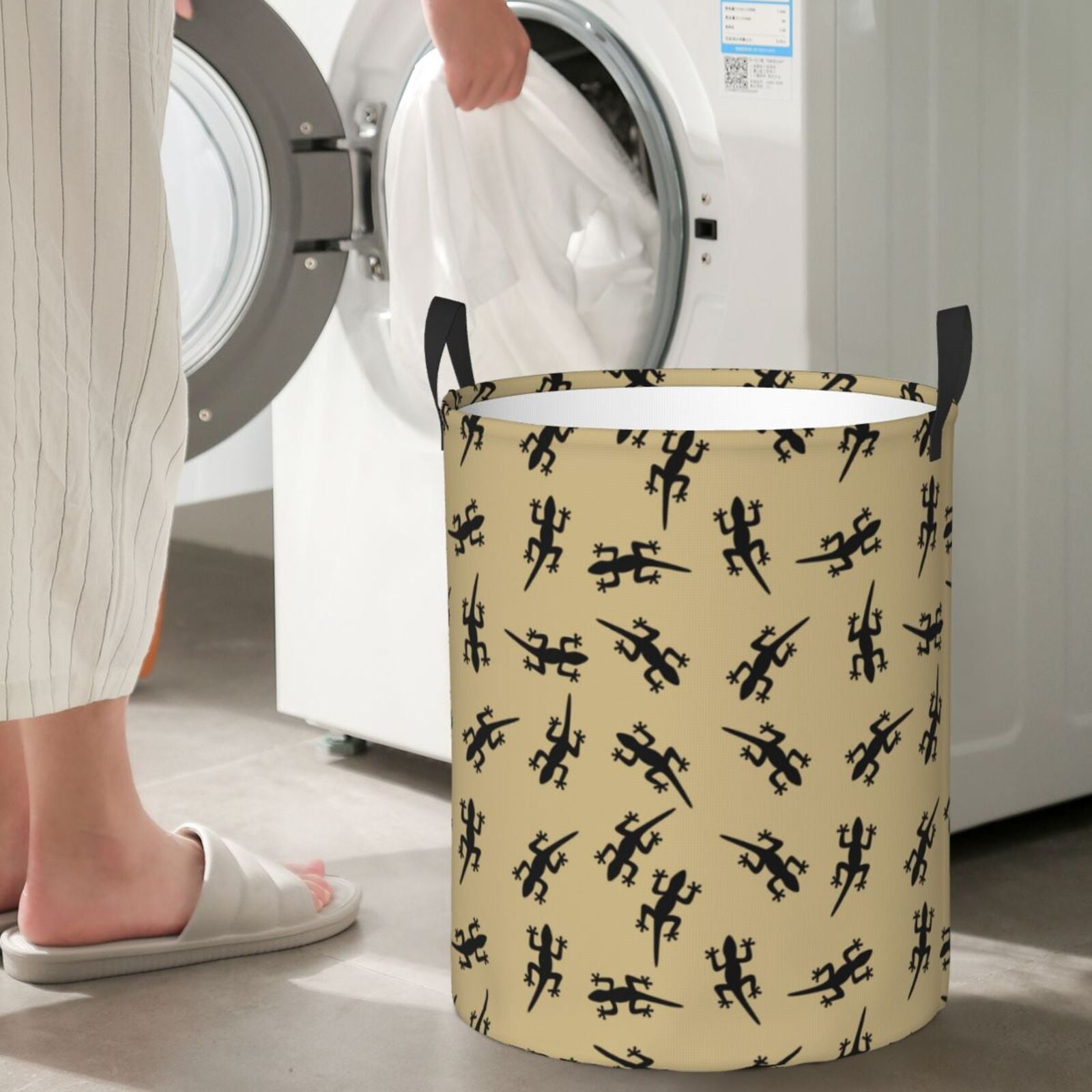 Large Laundry Basket with Handles - Quirky Gecko Lizard Black Kids Baby Dirty Clothes Laundry Hamper for Bedroom Aesthetic
