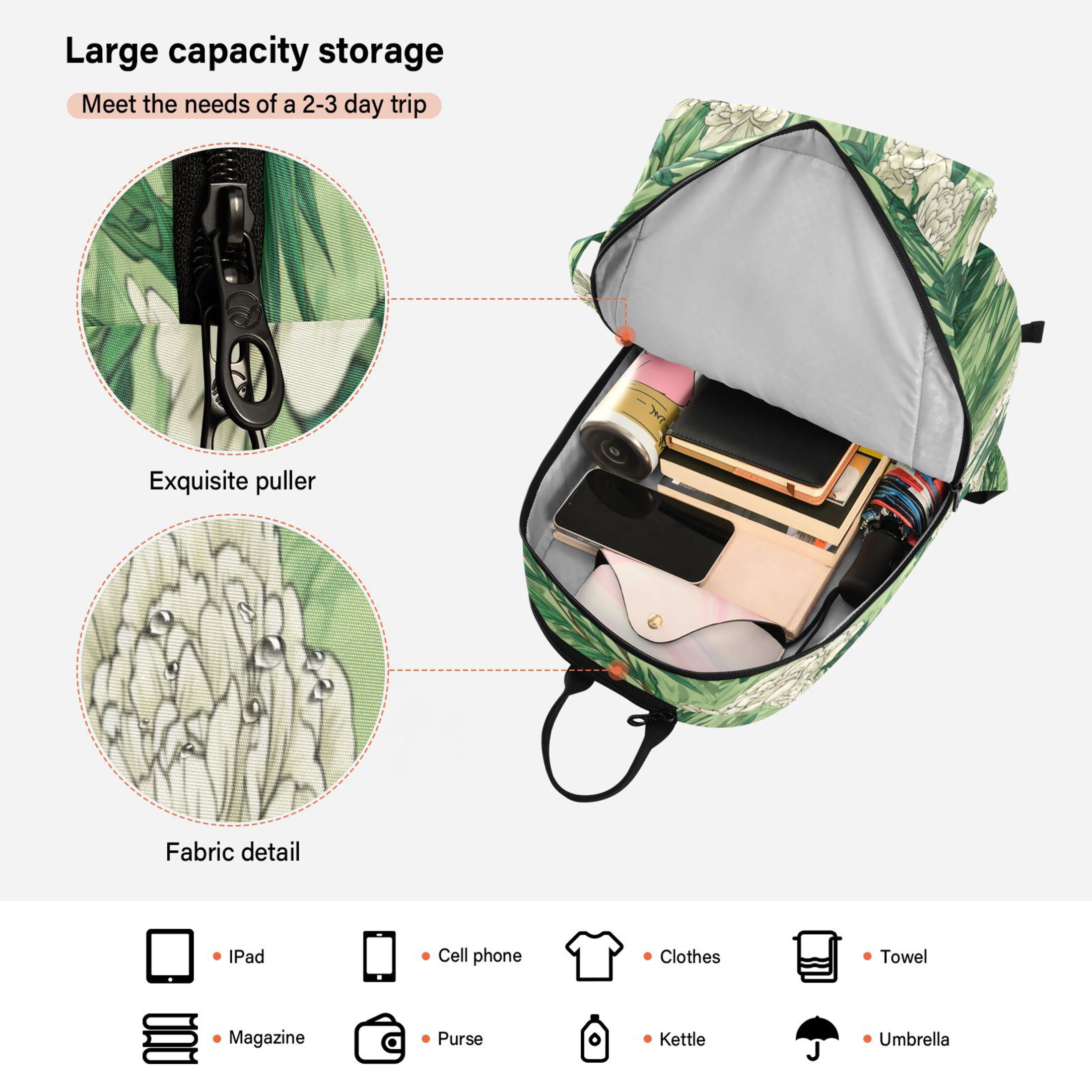 2 Racquet Holder Tennis Backpack Tennis Racket Covers Gym Bags White Peony and Bamboo
