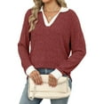 thumbnail image 3 of Women'S V Neck Sweaters Pullover Color Block Collar Long Sleeves Loose Fit Casaul Tunic Tops Shirts Rust Red M, 3 of 9