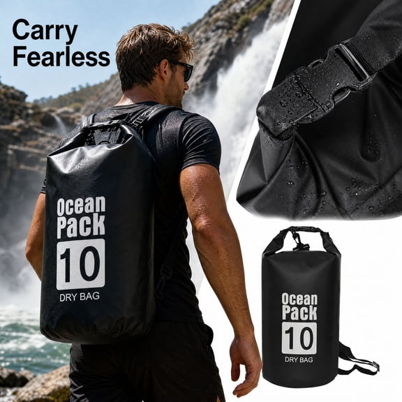 10L Waterproof Dry Bag Backpack, Roll Top Floating Dry Sack IP66 waterproof, ripstop PVC, RF welded seams, shoulder strap, kayaking, paddle boarding, camping, fishing, boating