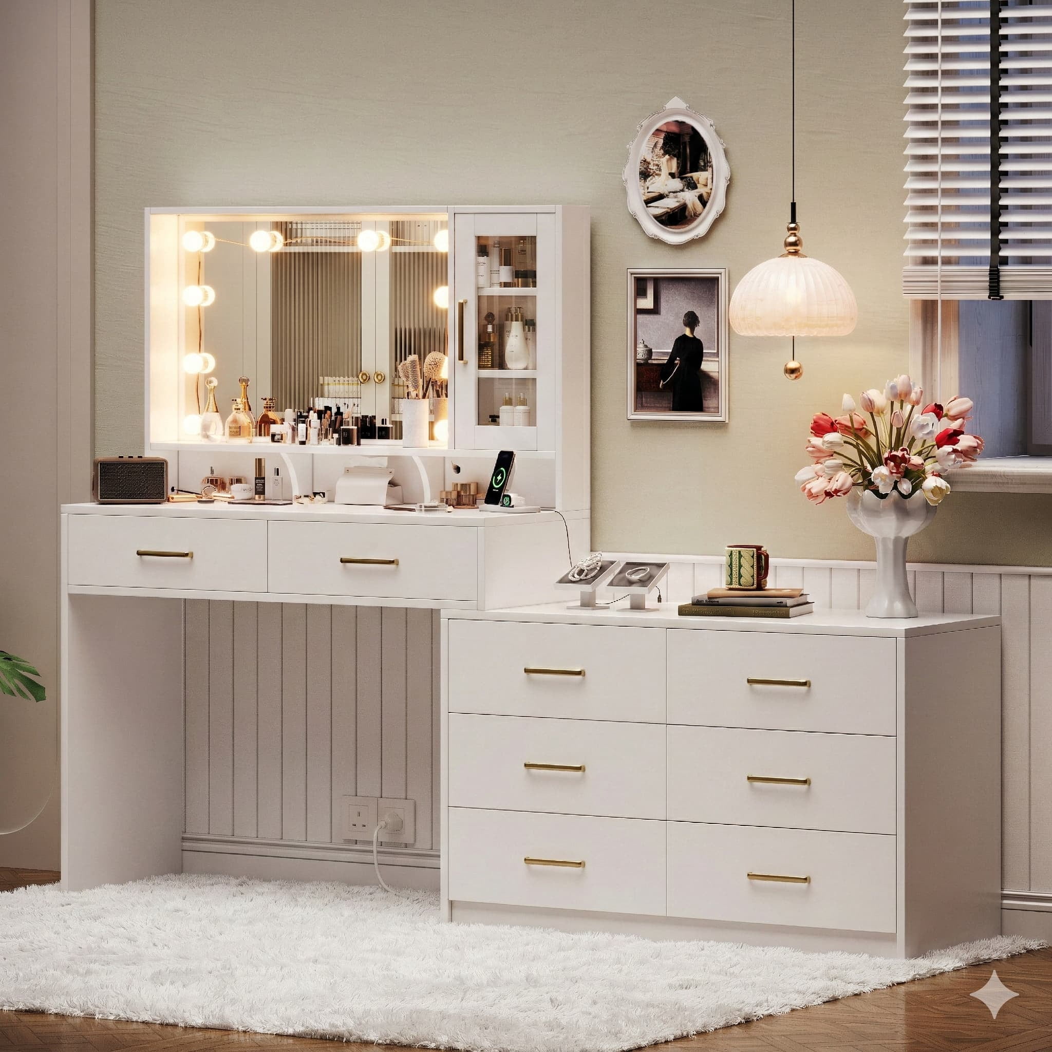 UGTOO 59" Makeup Vanity Desk with LED Lights & Mirror,8 Drawers,USB Charging Station,Adjustable Storage,Sturdy Dressing Table for Bedroom